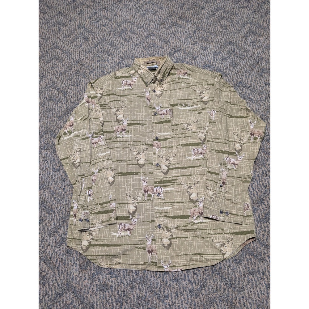 Columbia River Lodge Mens Large Deer Print Button Down Shirt Khaki HM7110
